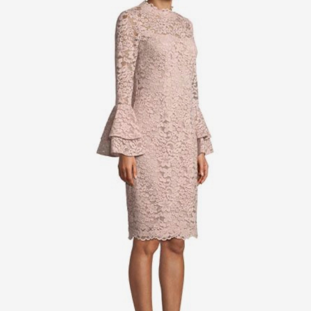 Teri Jon Lace Bell-Sleeve Midi Dress in Blush Pink